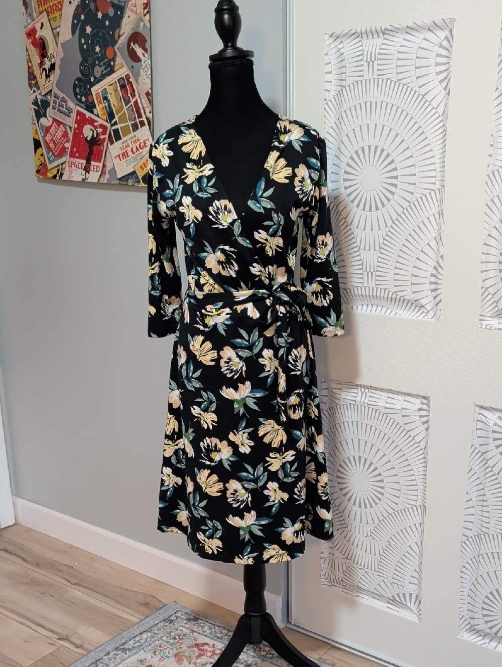 Super Soft Black Wrap Dress with Yellow Floral Print